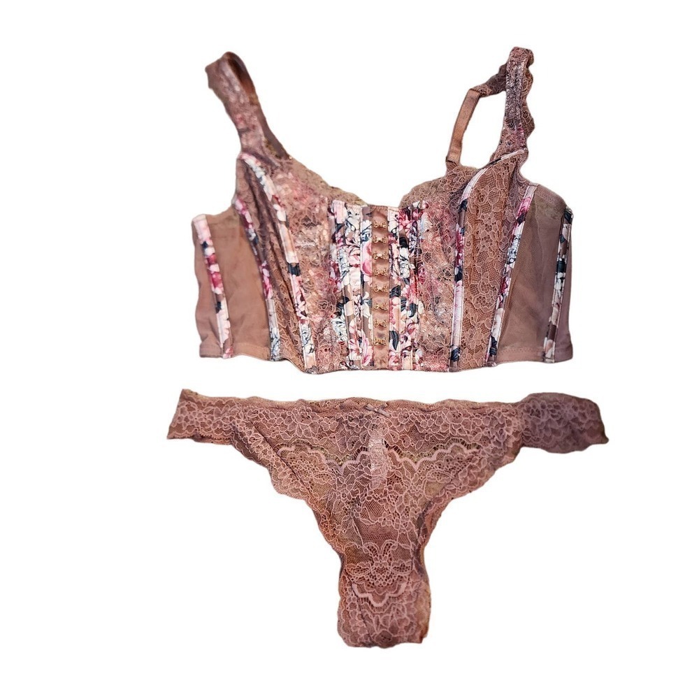 VS dream angel unlined hook & eye Corset bra top and underwear large rose floral